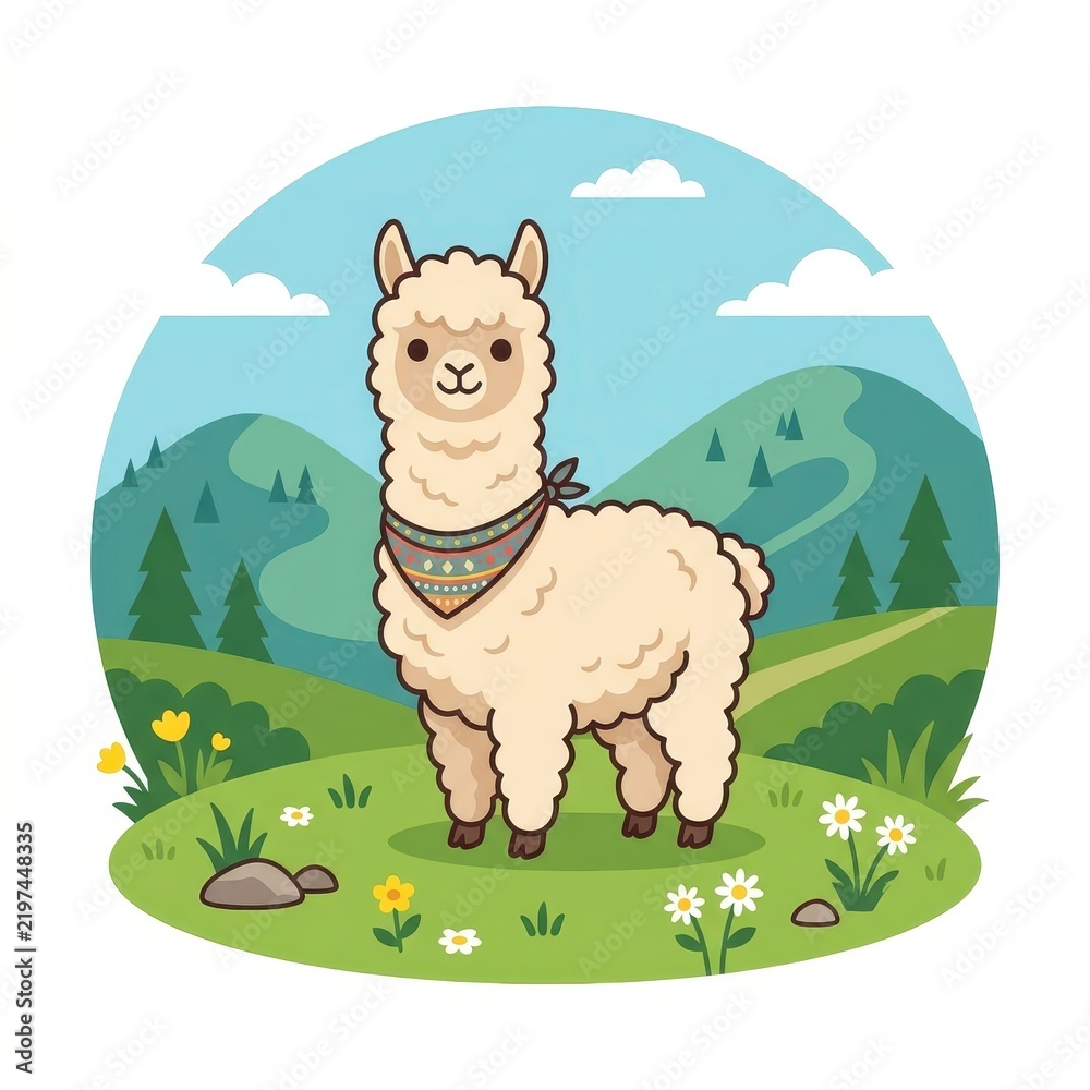 Fototapeta premium Cute cartoon llama in mountain landscape