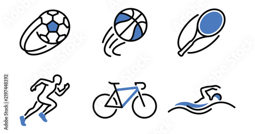 Sports and Fitness Continuous Line Icon Set – Football, Basketball, Tennis, Running, Cycling and Swimming Vector Icons