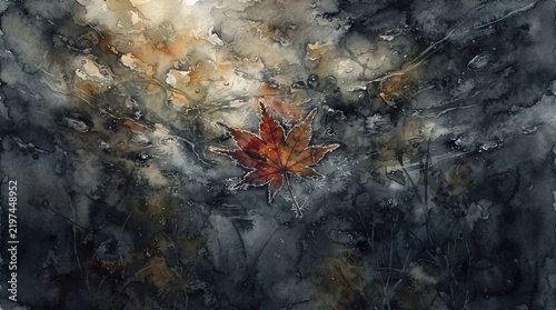 A single red maple leaf resting on a dark abstract watercolor painted background