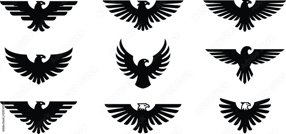 Obraz premium Collection of nine black eagle silhouettes, stylized bird of prey with spread wings for heraldry, emblems, and