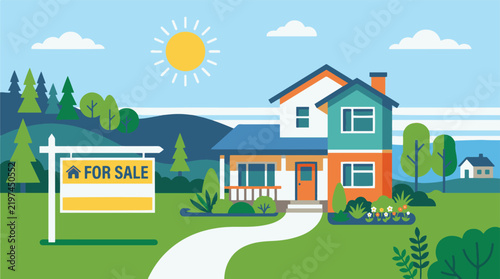 House for sale concept with a For Sale sign in front of a modern suburban home, garden path, trees, hills and sun, real estate flat vector illustration