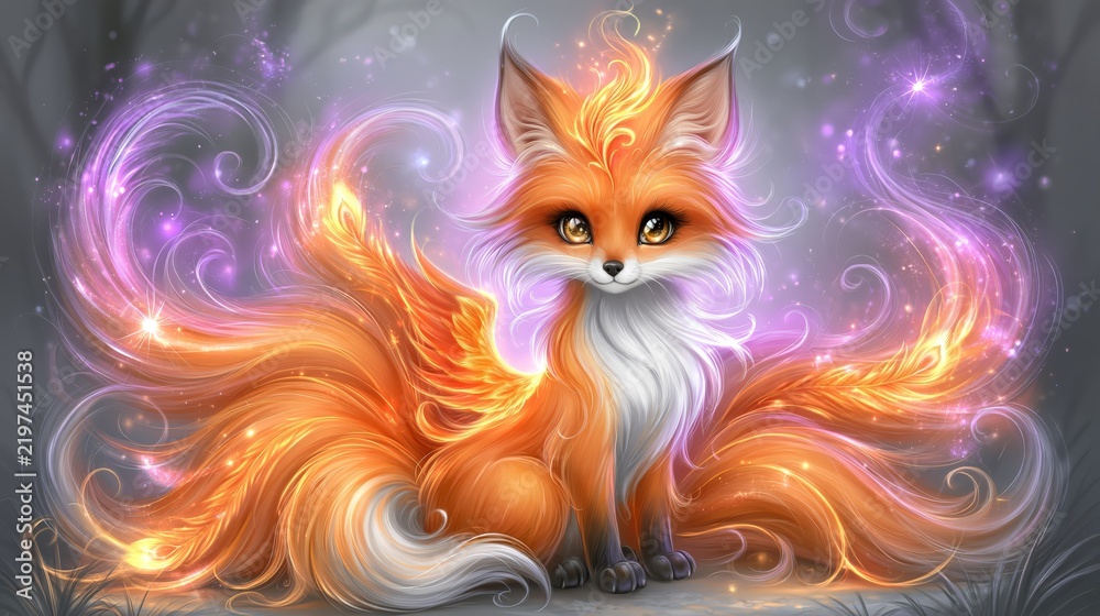 Obraz premium Mystical orange fox spirit surrounded by glowing flames, sparks and magical energy, creating a dramatic fantasy creature illustration with an ethereal atmosphere.