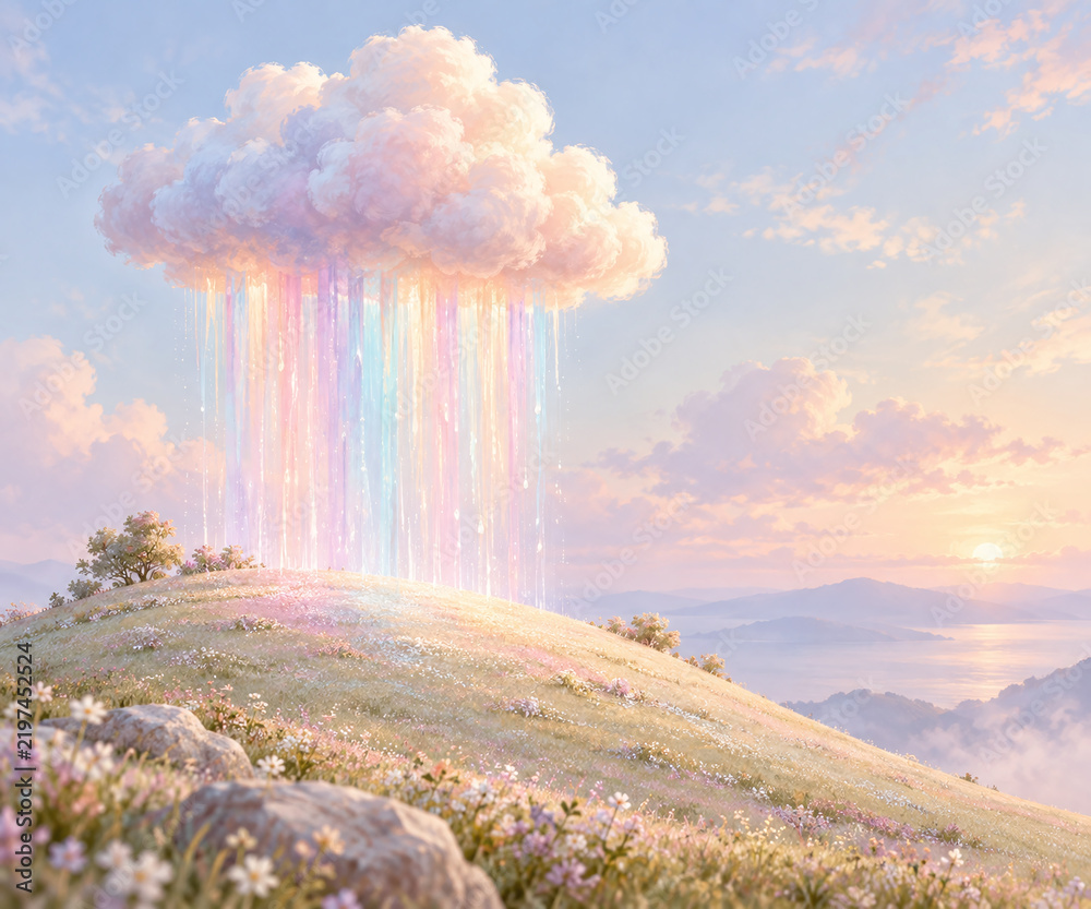 Obraz premium Pastel Rainbow Rain Over Dreamy Flowered Hillside