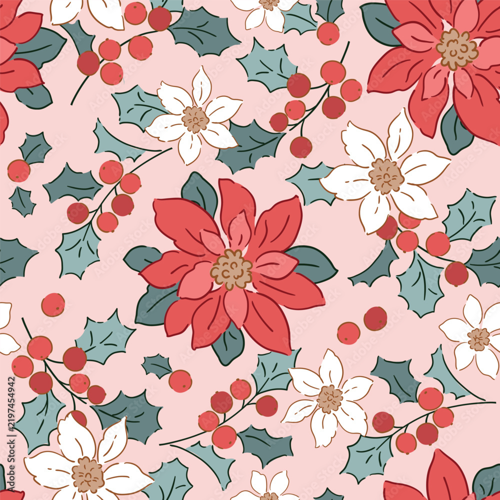 Obraz premium Hand drawn red and white poinsettia and holly berry. Seamless vector pattern with Christmas foliage. Winter floral on isolated blush background. Perfect for textile, wallpaper or wrapping paper.