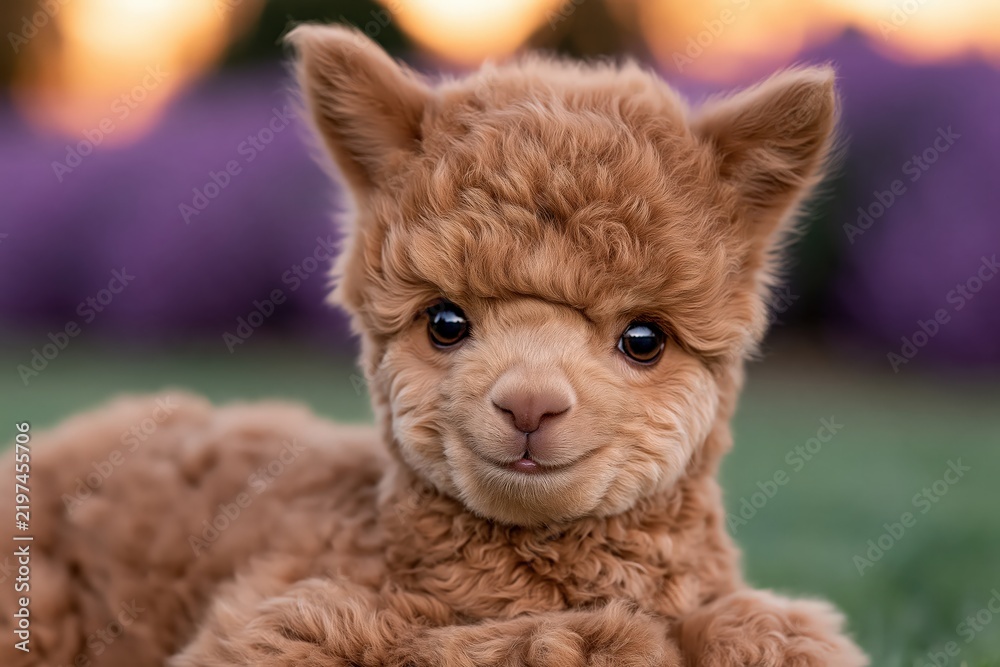 Obraz premium Cute fluffy alpaca cria smiling portrait in lavender field sunset mood