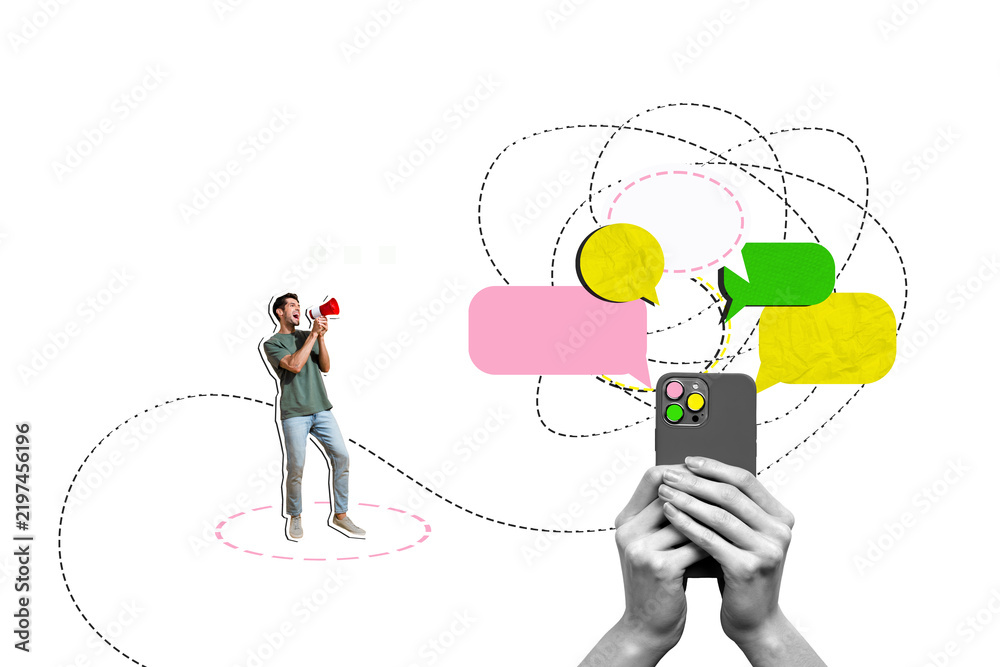 Fototapeta premium Trend artwork sketch image collage of blue color space speech cloud message two young man megaphone talk blogger influencer smartphone