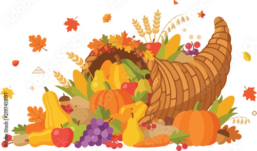 Thanksgiving cornucopia vector illustration filled with autumn harvest vegetables, pumpkins, fruits, and fall leaves.