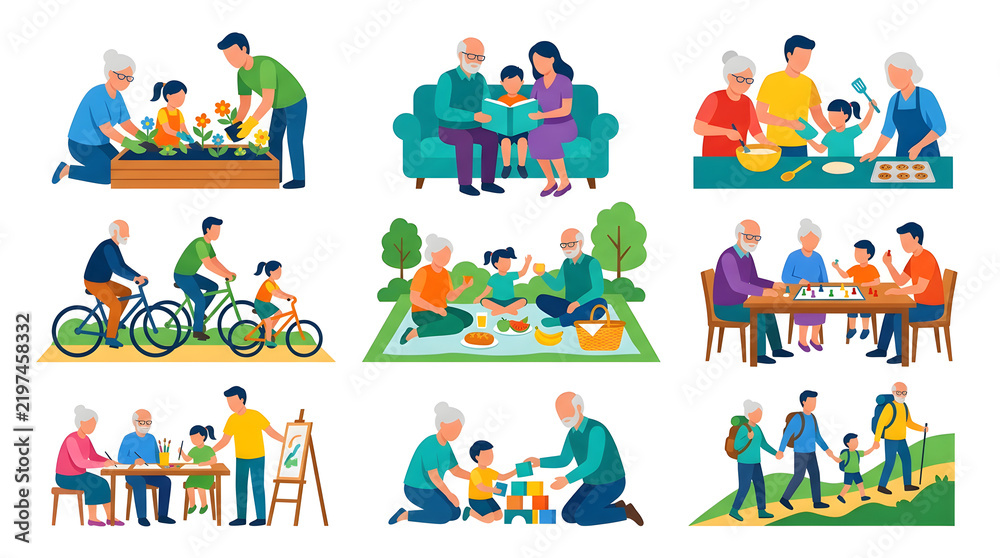 Naklejka premium Multigenerational Family Shared Activity Icon Set Vector Illustration on White Background
