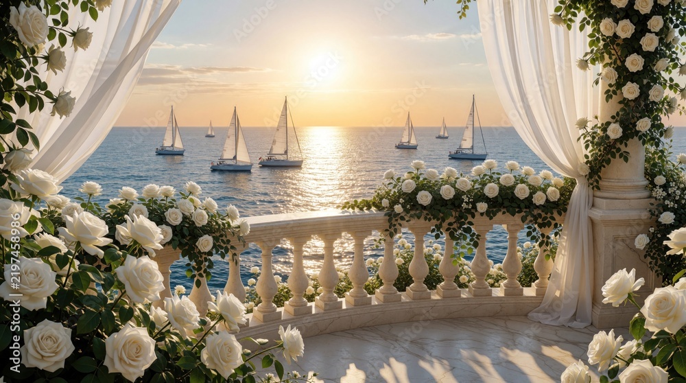 Fototapeta premium Romantic balcony decorated with white roses overlooking calm blue ocean at sunset. Elegant terrace with marble railing, soft curtains. Sailboats float on sea water under golden sky. Luxury resort