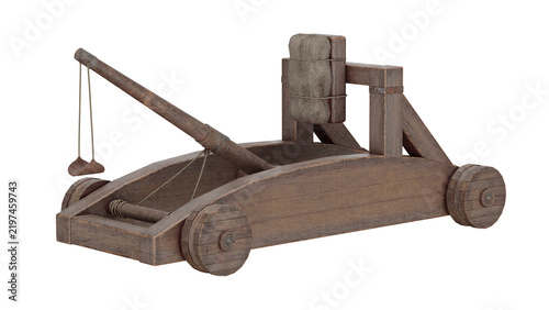 Fotografie 3d rendering historic wooden catapult model on display