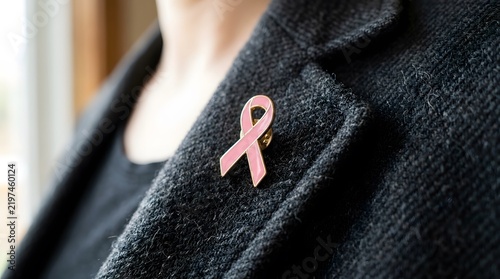 Professional woman wearing a pink breast cancer awareness ribbon pin on a dark grey wool blazer perfect for breast cancer awareness day