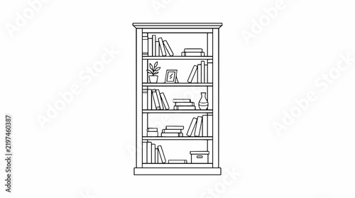 A simple black and white line drawing of a tall bookshelf filled with various books with tall wooden bookcase five shelves contains arranged books