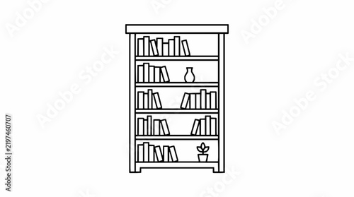 A simple outline illustration of a wooden bookcase filled with books with ornaments white background