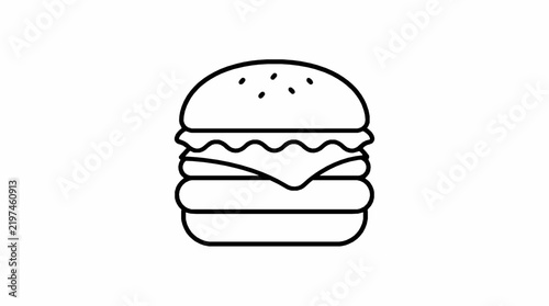 A simple black and white line art icon of a hamburger on white background with illustration cheeseburger isolated