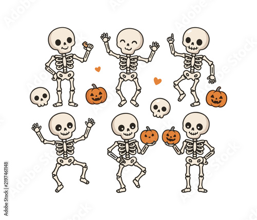 Cute Halloween Skeleton Friends Pumpkin Spooky Vector Design