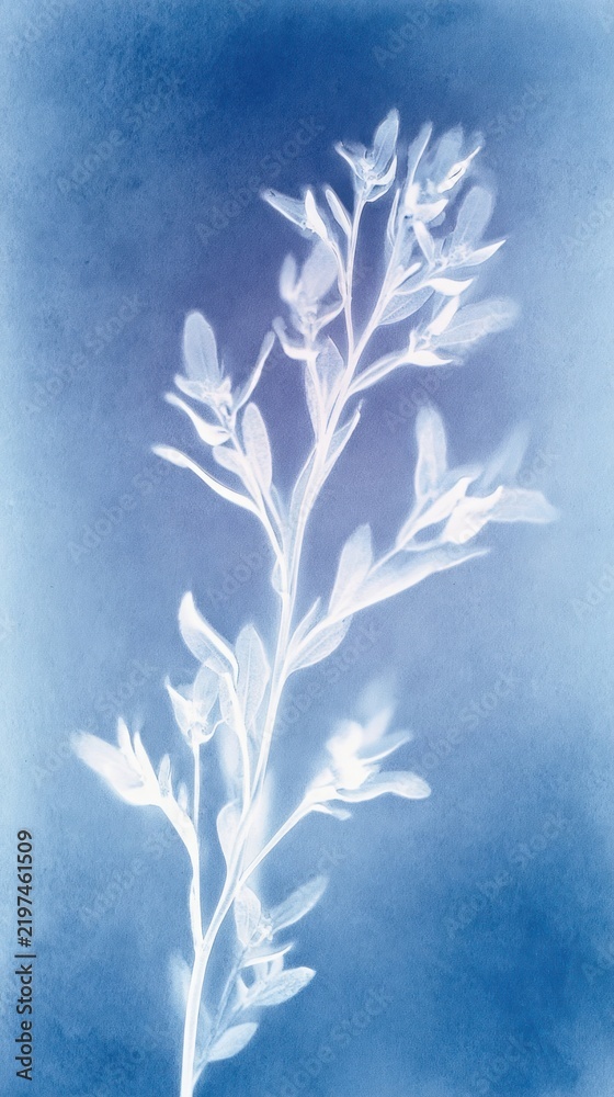 Obraz premium Blue cyanotype botanical branch, soft minimal abstract mobile wallpaper