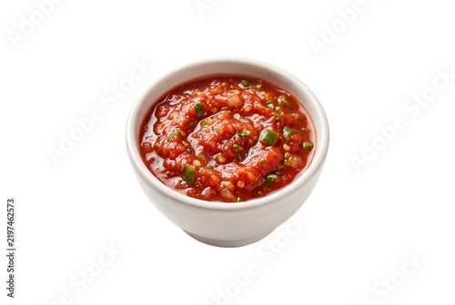 Spicy Red Mexican Tomato Salsa Dip in White Ceramic Bowl Isolated on Transparent Background