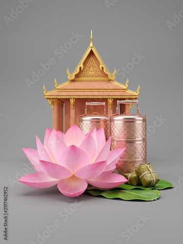 Pchum Ben Day Cambodian Festival 3D Render with Lotus and Pagoda