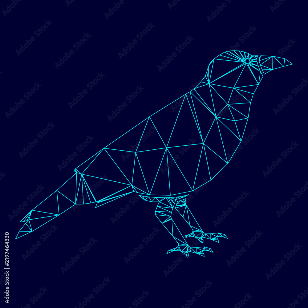 Obraz premium Crow low poly triangulation triangulated polygonal electric cyan blue vibrant aqua neon color vector illustration image outline contour line