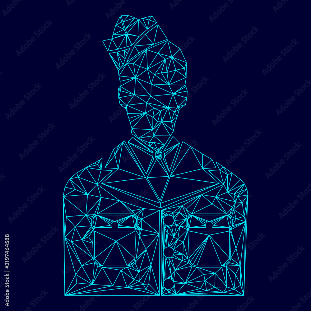 Obraz premium Veteran or soldier of the american army low poly triangulation triangulated polygonal electric cyan blue vibrant aqua neon color vector illustration image outline contour line