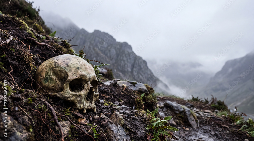 Obraz premium Human skull lying on rocky soil in misty cold mountain terrain