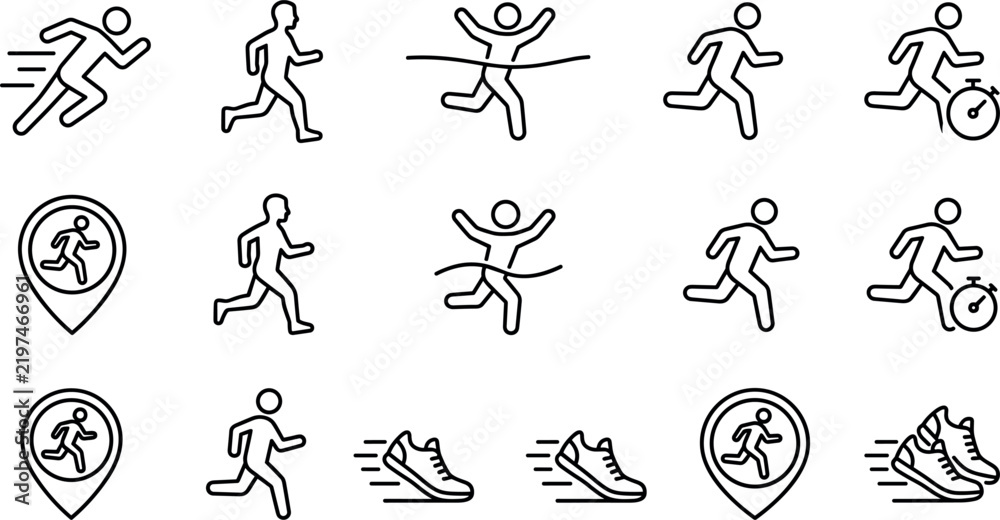 Fototapeta premium Running and Jogging Line Icon Set Featuring Runners, Finish Lines, Stopwatches, Location Pins, and Sneaker Symbols for Fitness and Sports Designs