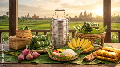 Traditional Cambodian Food Offerings for Pchum Ben Day at Angkor Wat