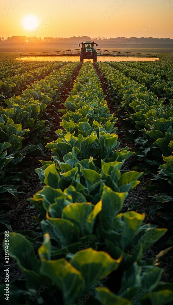 Obraz premium Agricultural tractor spraying green vegetable crop field with pesticide equipment at sunset