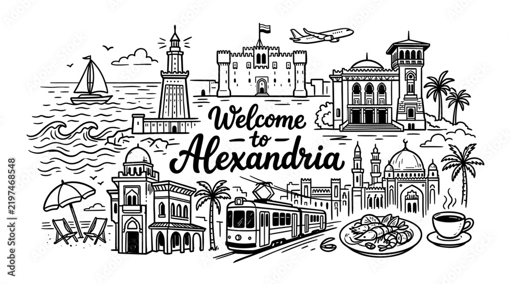 Obraz premium Alexandria Egypt Landmarks Doodle Illustration