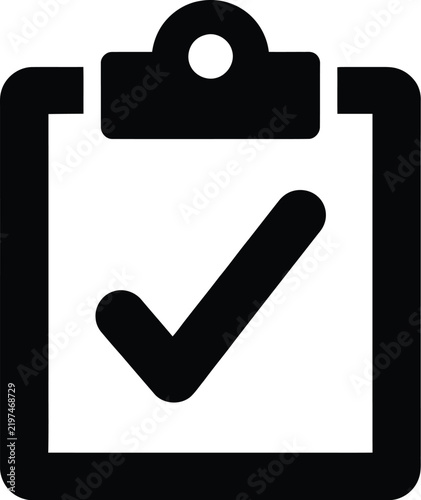 Clipboard check icon, flat outline symbol in black for document approval task completion verification checklist business workflow quality control office management and organization.