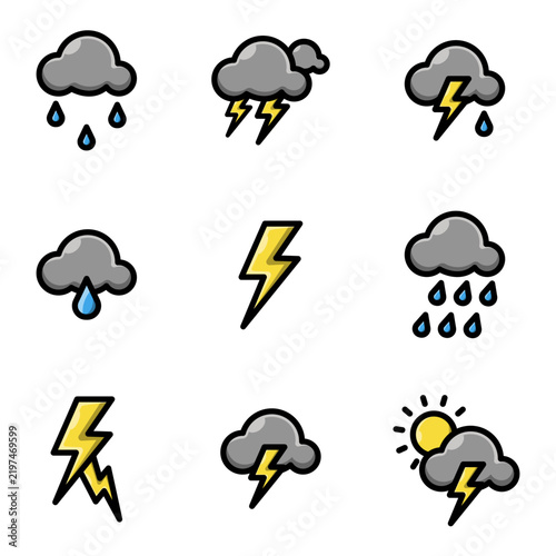 Stormy Weather Icon Set Vector Illustration with Lightning and Heavy Rain