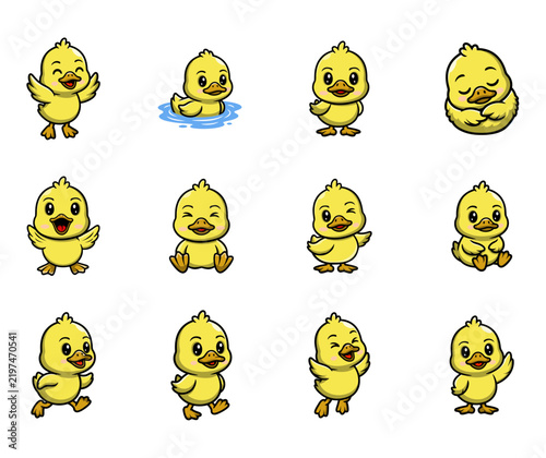 Cute Yellow Baby Duckling Character Set Vector Illustration