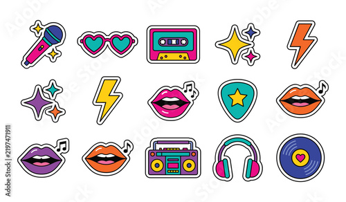 Colorful pop music stickers collection featuring retro cassette tapes headphones microphone and vibrant lips