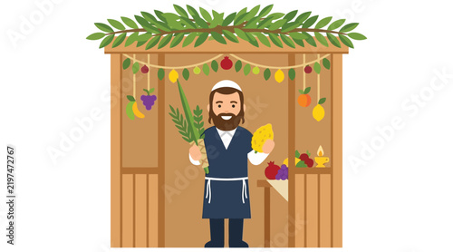 Man stands within a sukkah decorated with fruits and foliage vector illustration