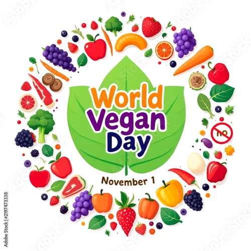 World Vegan Day November 1st Green Leaf Banner Flat Vector Illustration Fresh Organic Fruits Vegetables Circle Frame   