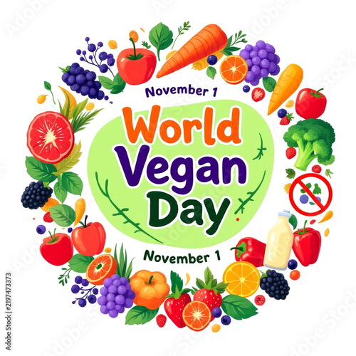World Vegan Day November 1st Banner Flat Vector Illustration Fresh Organic Fruits Vegetables Circular Frame Background   