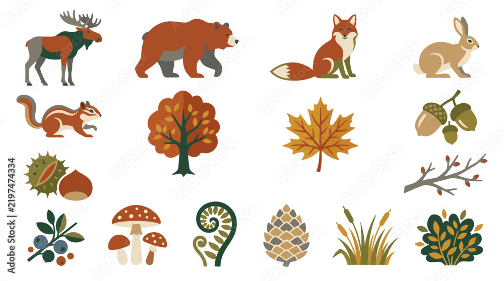 Obraz premium Set of forest animals and woodland plants icons.