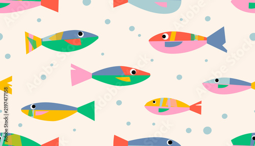 Принти на полотні Colorful Seamless Fish Pattern in Modern Suprematist Style
