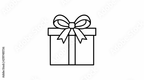 A simple black and white line art illustration of a square gift box with ribbon with present topped decorative