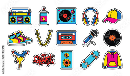 Vibrant hip hop and street culture sticker set featuring boombox, graffiti, skateboard, vinyl record, microphone, and urban fashion
