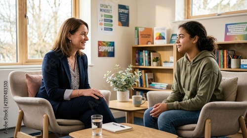 A professional woman having a supportive oneonone meeting with a young female student in a bright, modern office setting