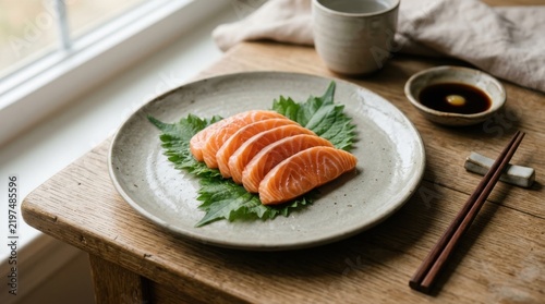 Fresh salmon sashimi with shiso on rustic ceramic plate by a window