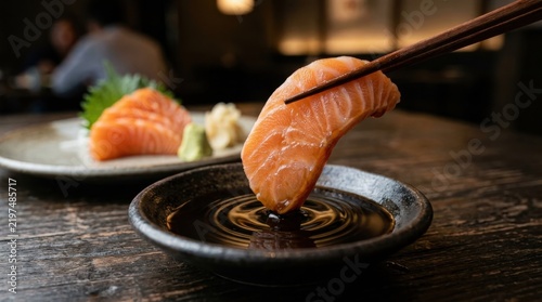 Salmon sashimi held with chopsticks above soy sauce in Japanese dining scene