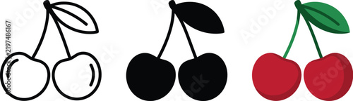 Three cherry fruit vector icon designs, outline silhouette and color styles for food branding packaging fruit market healthy nutrition summer decoration and botanical graphics.