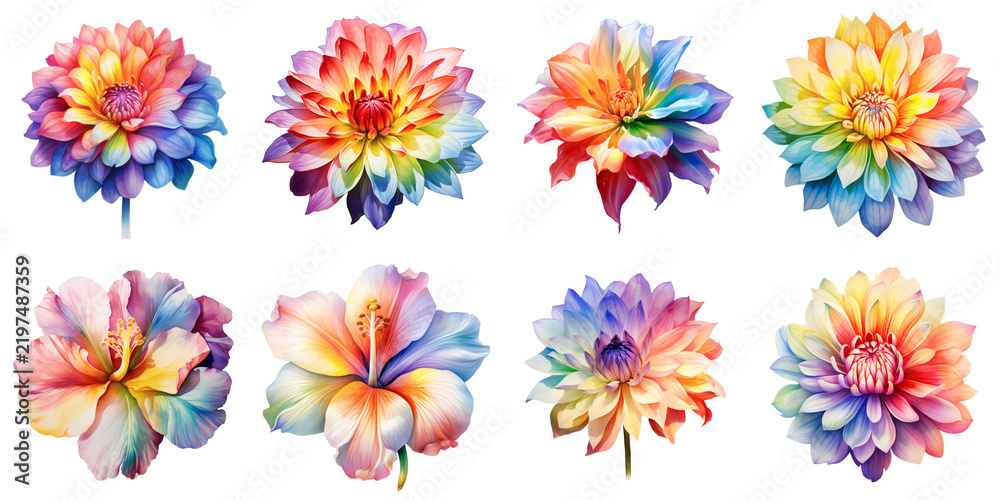 Obraz premium Collection of watercolor style vibrant flowers on a black backdrop for creative designs