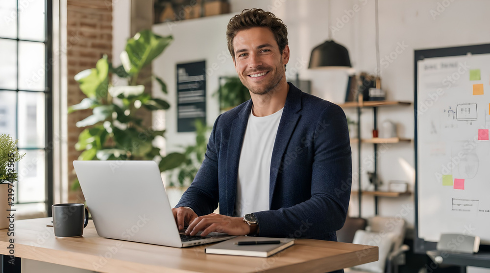 Obraz premium Cheerful young male business leader in casual navy blazer working on silver laptop at standing desk in modern office, smiling professional typing at workspace