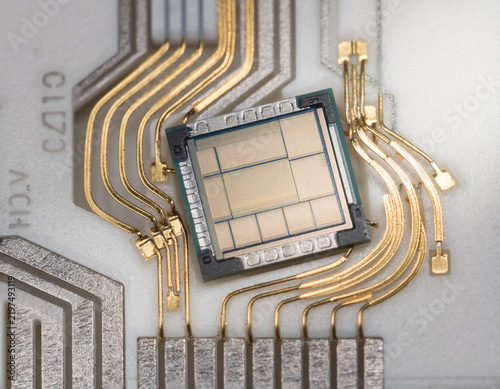 Closeup of Silicon Wafer Die Bonded with Gold Wire Leads