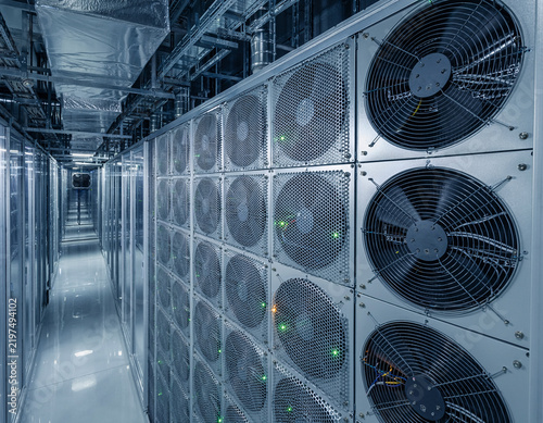 Large Industrial Cooling Fans and Server Racks in Modern Data Center Room