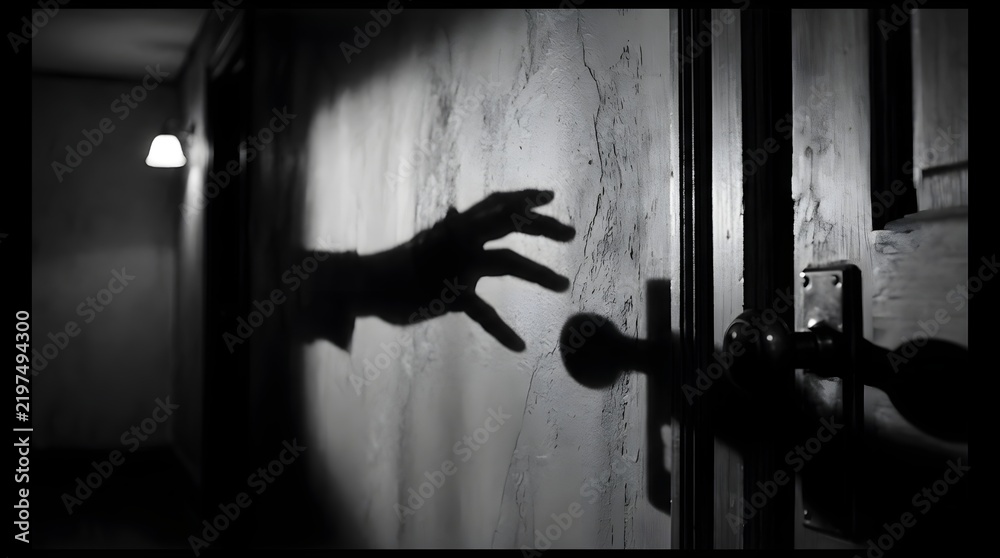 Fototapeta premium Mysterious hand reaching toward closed door in dimly lit hallway black and white photography