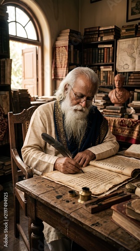 Elderly bearded scholar in vintage study writing with quill pen at wooden desk surrounded by ancient books, manuscripts, inkwell, and classical bust by arched window